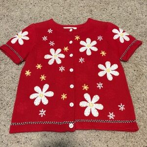 Susan Bristol Vintage Red Embroidered Daisy Floral Button Up Cardigan